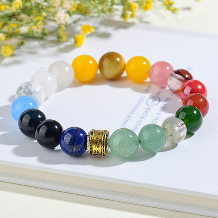 Pulsera de la suerte con Buddha Stones, cinco elementos, varios cristales de ágata, ágata roja, brillo dorado, obsidiana y ágata amarilla