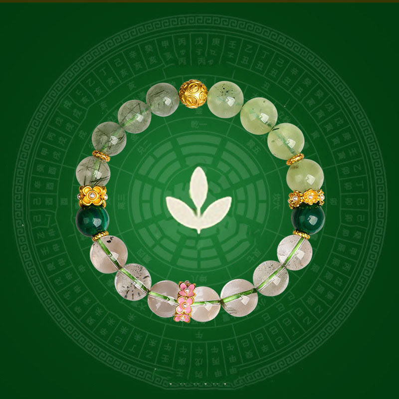 Pulsera de la suerte con Buddha Stones, cinco elementos, varios cristales de ágata, cuarzo rutilado fantasma verde, ágata verde uva y malaquita - image 1