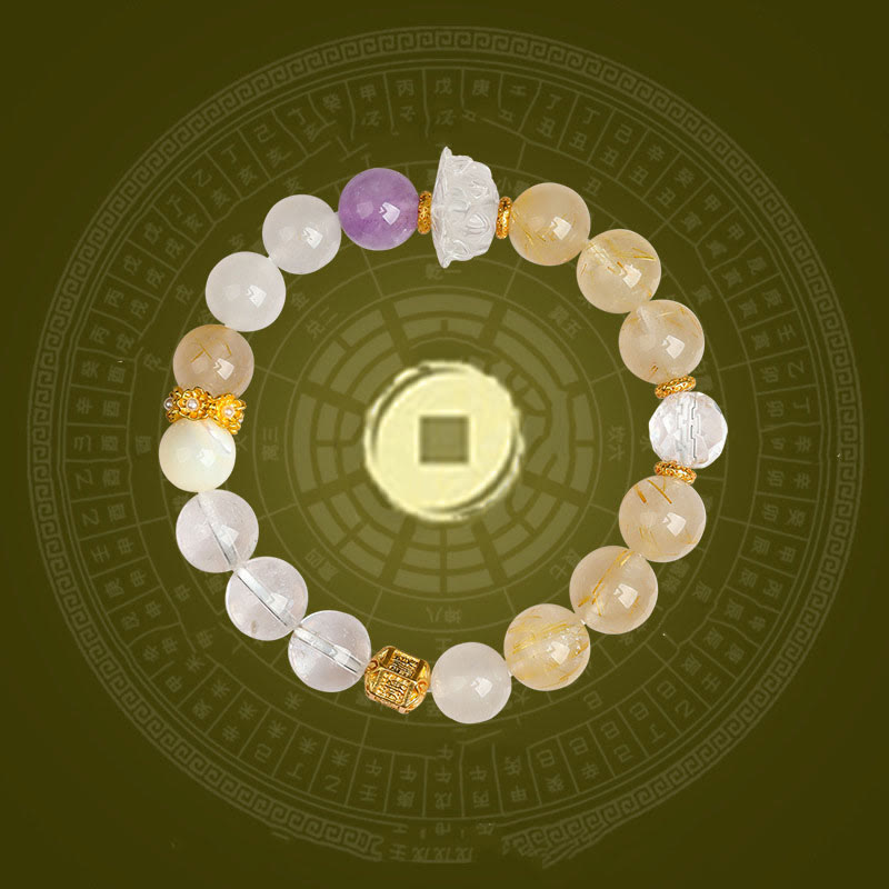 Pulsera de la suerte con Buddha Stones, cinco elementos, varios cristales de ágata, cuarzo rutilado fantasma verde, ágata verde uva y malaquita