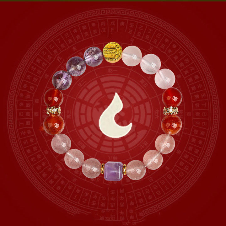 Pulsera de la suerte con Buddha Stones, cinco elementos, varios cristales de ágata, cuarzo rutilado fantasma verde, ágata verde uva y malaquita