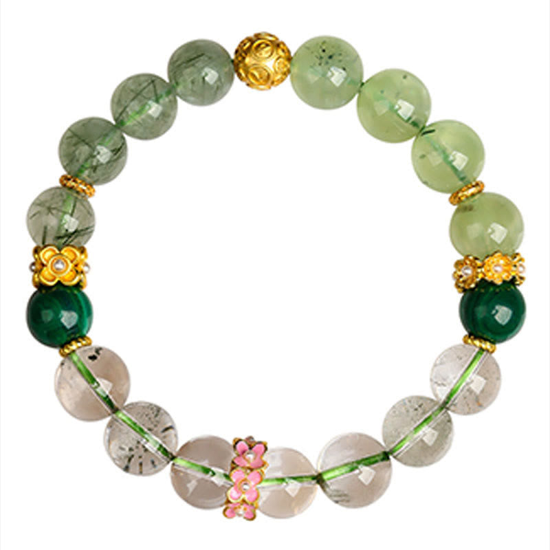 Pulsera de la suerte con Buddha Stones, cinco elementos, varios cristales de ágata, cuarzo rutilado fantasma verde, ágata verde uva y malaquita