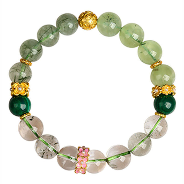 Pulsera de la suerte con Buddha Stones, cinco elementos, varios cristales de ágata, cuarzo rutilado fantasma verde, ágata verde uva y malaquita