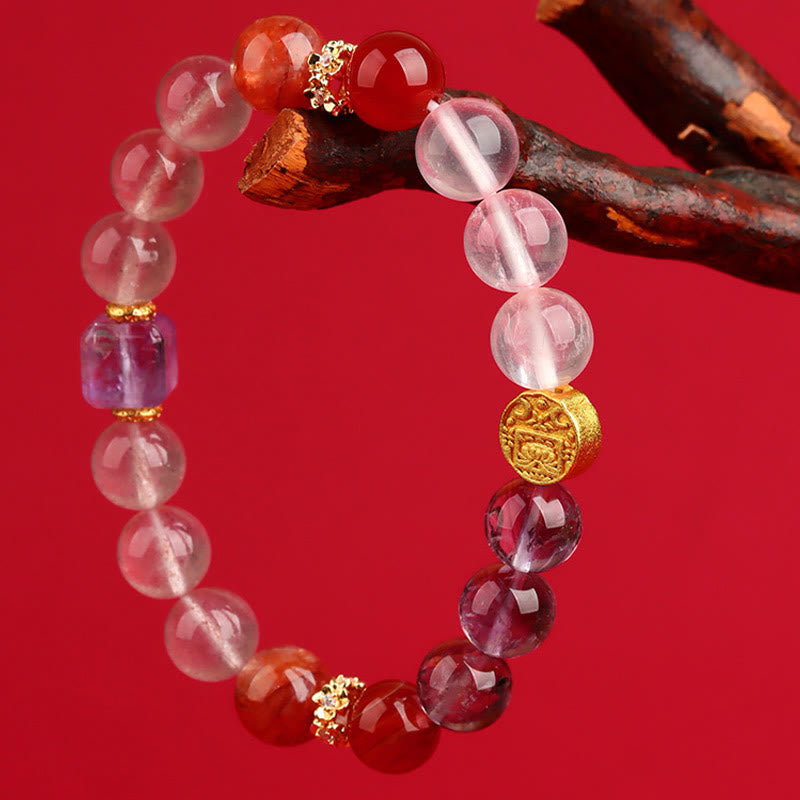 Pulsera de la suerte con Buddha Stones, cinco elementos, varios cristales de ágata, cuarzo rutilado fantasma verde, ágata verde uva y malaquita - image 20