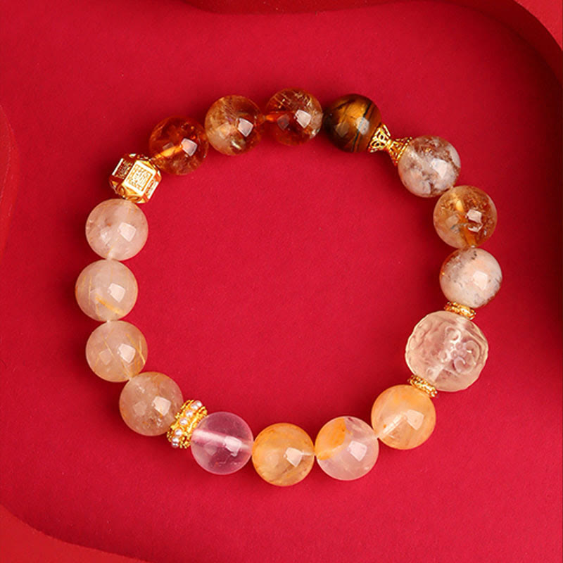 Pulsera de la suerte con Buddha Stones, cinco elementos, varios cristales de ágata, cuarzo rutilado fantasma verde, ágata verde uva y malaquita