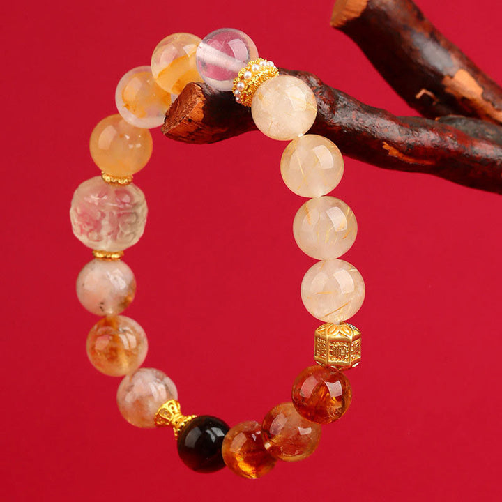 Pulsera de la suerte con Buddha Stones, cinco elementos, varios cristales de ágata, cuarzo rutilado fantasma verde, ágata verde uva y malaquita