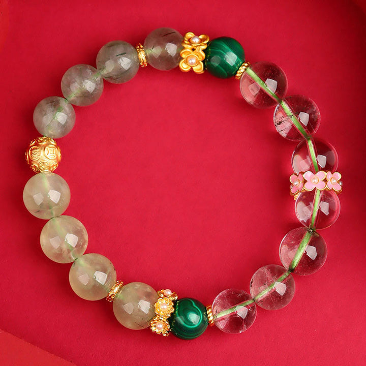 Pulsera de la suerte con Buddha Stones, cinco elementos, varios cristales de ágata, cuarzo rutilado fantasma verde, ágata verde uva y malaquita