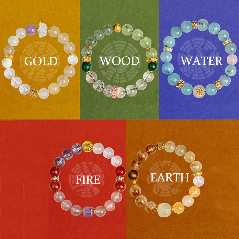 Pulsera de la suerte con Buddha Stones, cinco elementos, varios cristales de ágata, cuarzo rutilado fantasma verde, ágata verde uva y malaquita