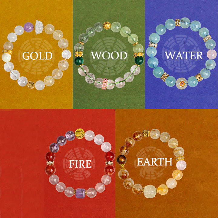 Pulsera de la suerte con Buddha Stones, cinco elementos, varios cristales de ágata, cuarzo rutilado fantasma verde, ágata verde uva y malaquita