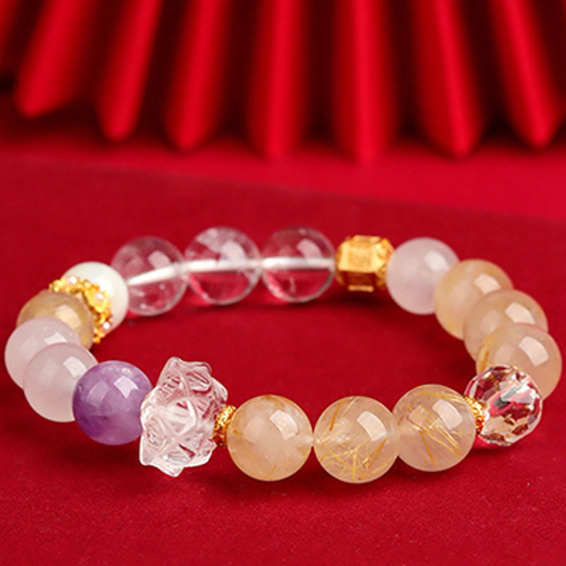 Pulsera de la suerte con Buddha Stones, cinco elementos, varios cristales de ágata, cuarzo rutilado fantasma verde, ágata verde uva y malaquita