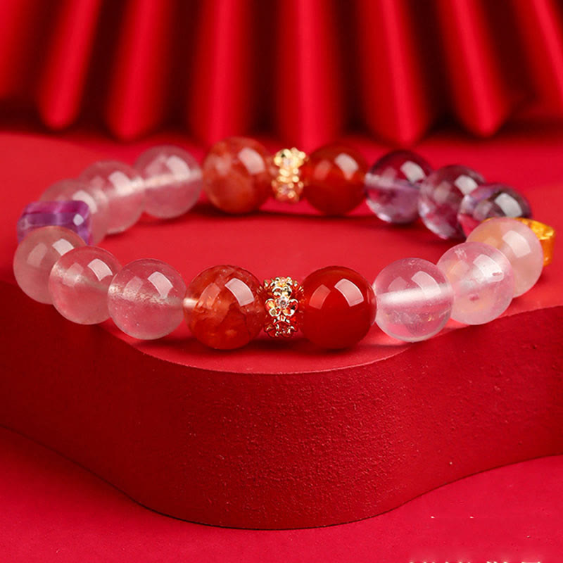 Pulsera de la suerte con Buddha Stones, cinco elementos, varios cristales de ágata, cuarzo rutilado fantasma verde, ágata verde uva y malaquita