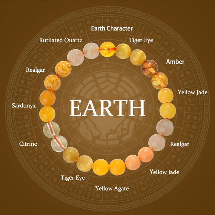 Pulsera de la suerte con Buddha Stones, cinco elementos, varios cristales de ágata, cuarzo rutilado, ojo de tigre, ágata amarilla y citrino