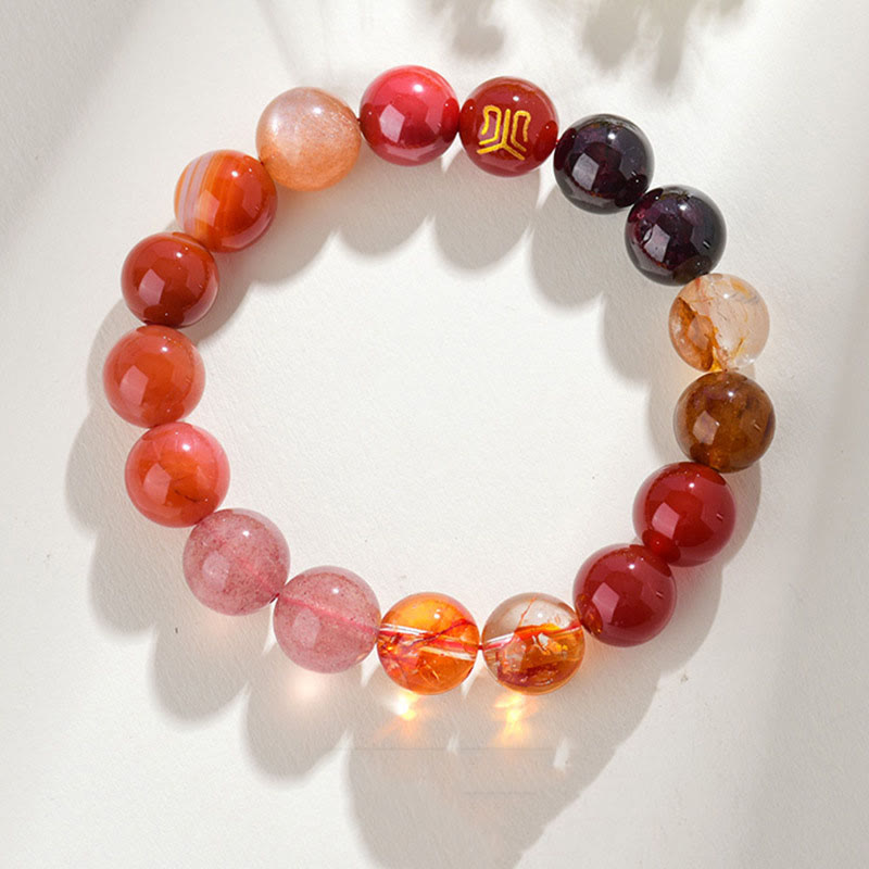 Pulsera de la suerte con Buddha Stones, cinco elementos, varios cristales de ágata, cuarzo rutilado, ojo de tigre, ágata amarilla y citrino - Fuego (Circunferencia de la muñeca: 14-16 cm) - 12 mm - image 29