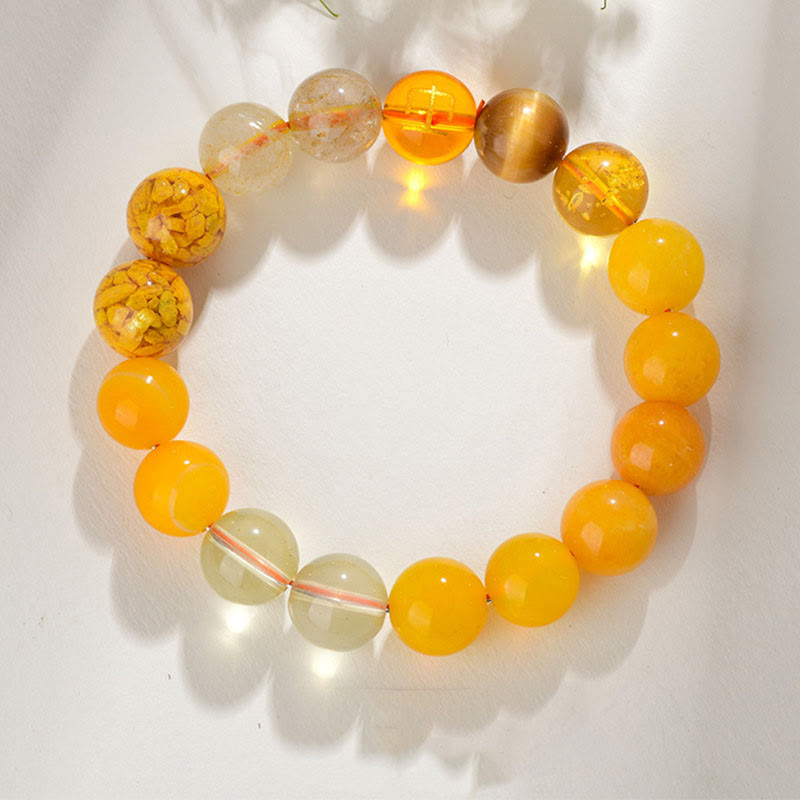 Pulsera de la suerte con Buddha Stones, cinco elementos, varios cristales de ágata, cuarzo rutilado, ojo de tigre, ágata amarilla y citrino
