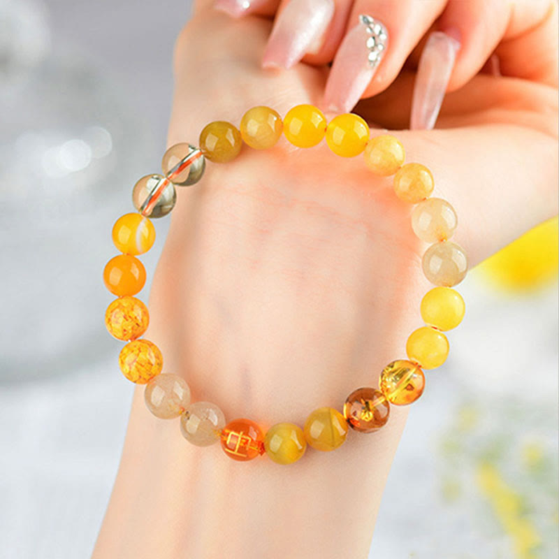 Pulsera de la suerte con Buddha Stones, cinco elementos, varios cristales de ágata, cuarzo rutilado, ojo de tigre, ágata amarilla y citrino