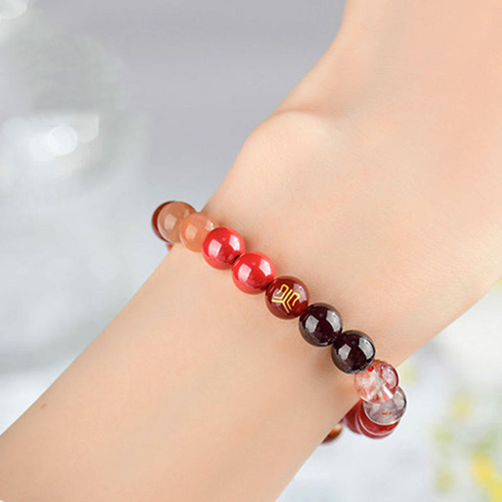 Pulsera de la suerte con Buddha Stones, cinco elementos, varios cristales de ágata, cuarzo rutilado, ojo de tigre, ágata amarilla y citrino