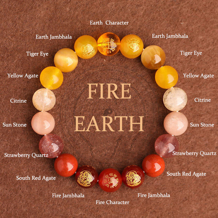 Pulsera de la suerte con Buddha Stones, cinco elementos, varios cristales de ágata, ágata roja del sur, cuarzo fresa, piedra solar, citrino - Fuego y Tierra (Circunferencia de la muñeca: 14-16 cm) - 10 mm - image 2