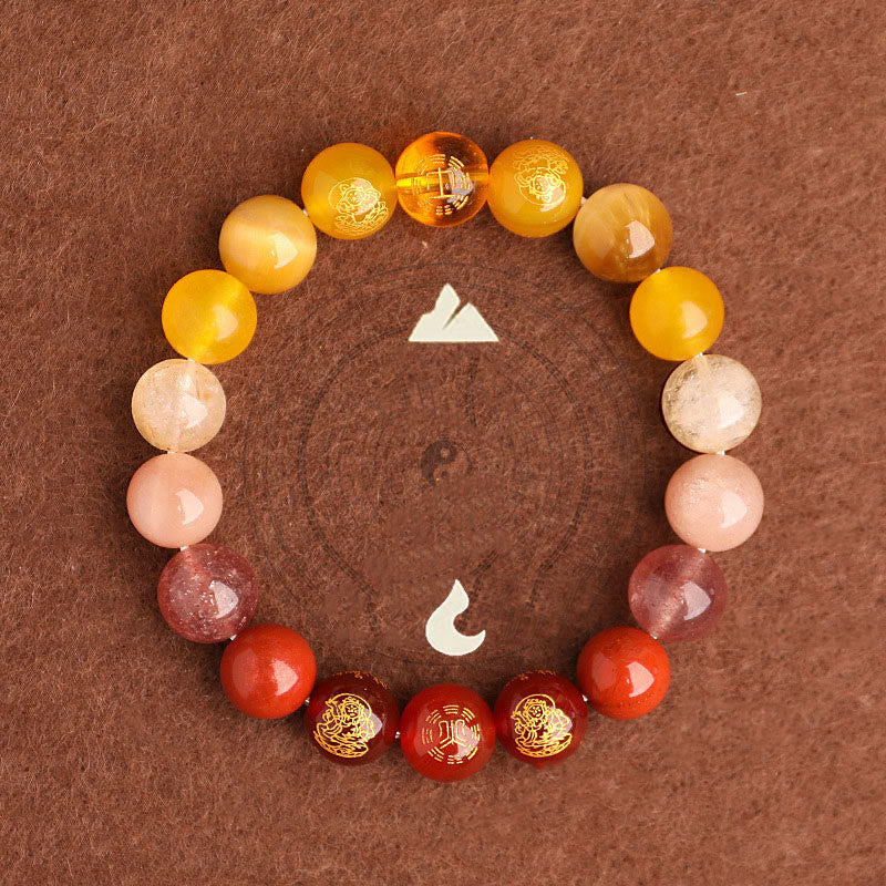 Pulsera de la suerte con Buddha Stones, cinco elementos, varios cristales de ágata, ágata roja del sur, cuarzo fresa, piedra solar, citrino