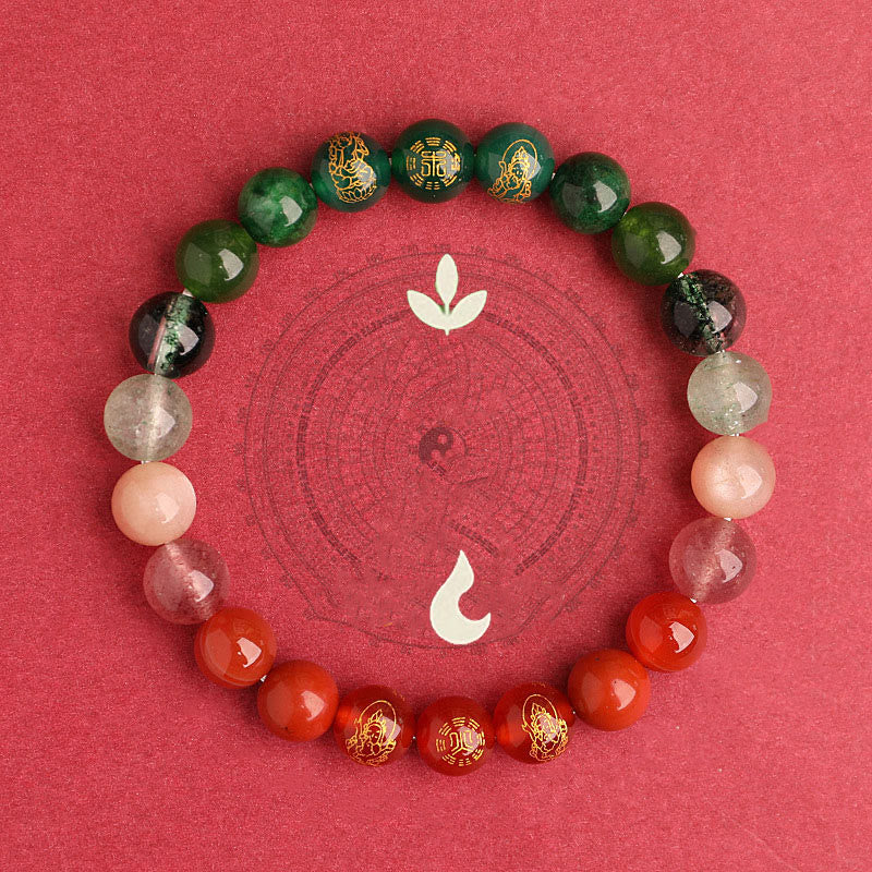 Pulsera de la suerte con Buddha Stones, cinco elementos, varios cristales de ágata, ágata roja del sur, cuarzo fresa, piedra solar, citrino