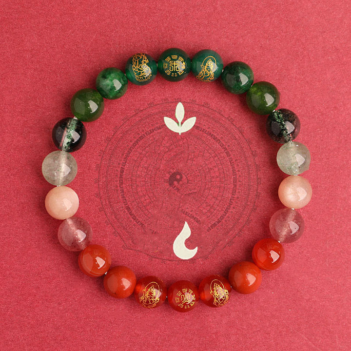 Pulsera de la suerte con Buddha Stones, cinco elementos, varios cristales de ágata, ágata roja del sur, cuarzo fresa, piedra solar, citrino