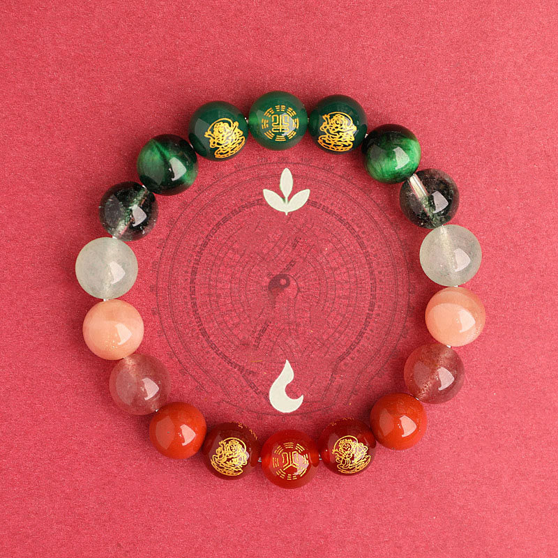 Pulsera de la suerte con Buddha Stones, cinco elementos, varios cristales de ágata, ágata roja del sur, cuarzo fresa, piedra solar, citrino