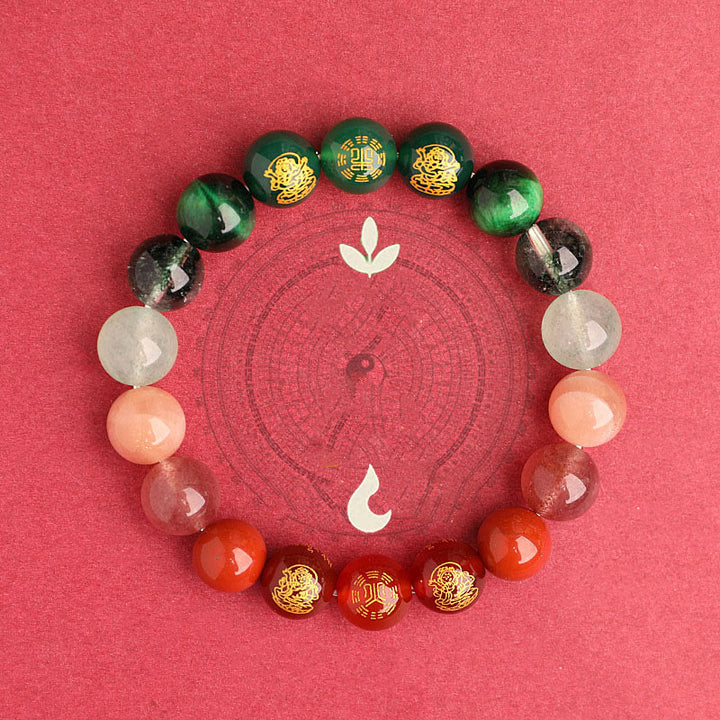 Pulsera de la suerte con Buddha Stones, cinco elementos, varios cristales de ágata, ágata roja del sur, cuarzo fresa, piedra solar, citrino