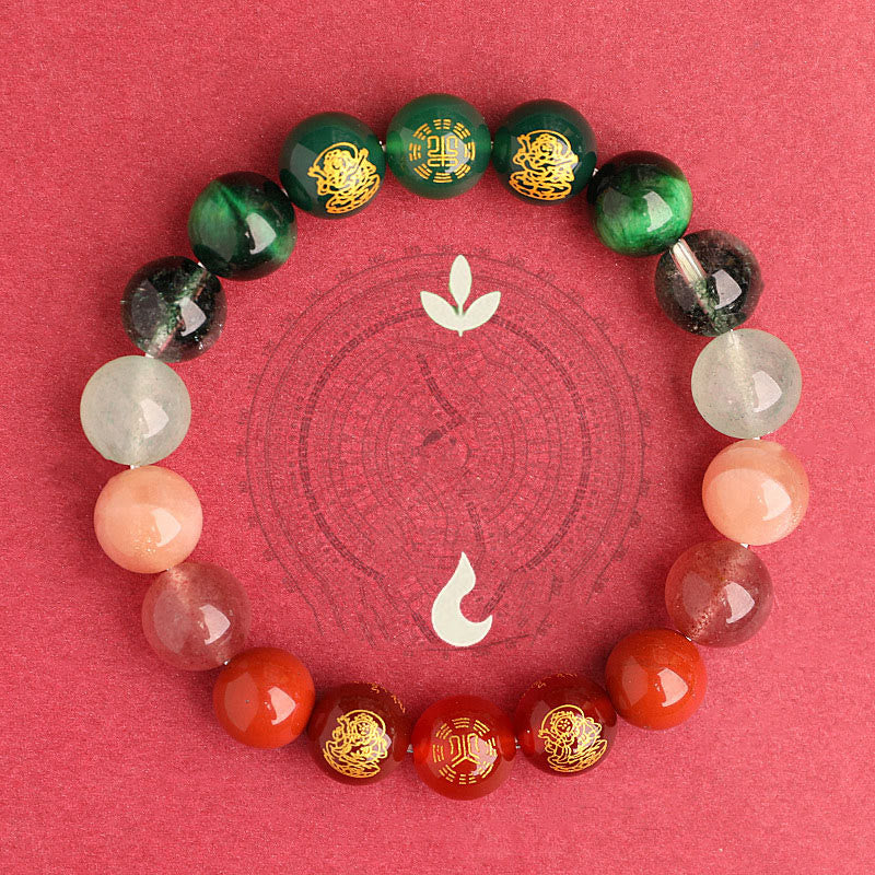 Pulsera de la suerte con Buddha Stones, cinco elementos, varios cristales de ágata, ágata roja del sur, cuarzo fresa, piedra solar, citrino