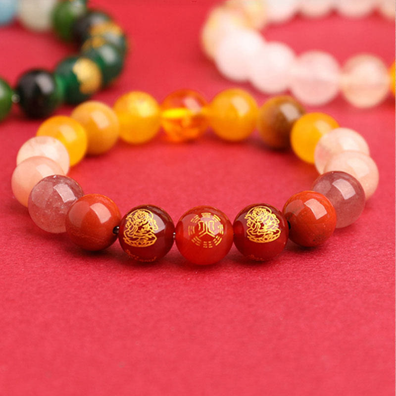 Pulsera de la suerte con Buddha Stones, cinco elementos, varios cristales de ágata, ágata roja del sur, cuarzo fresa, piedra solar, citrino
