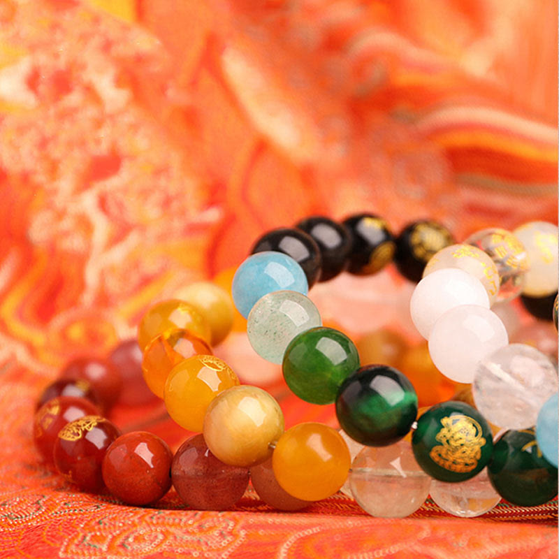 Pulsera de la suerte con Buddha Stones, cinco elementos, varios cristales de ágata, ágata roja del sur, cuarzo fresa, piedra solar, citrino