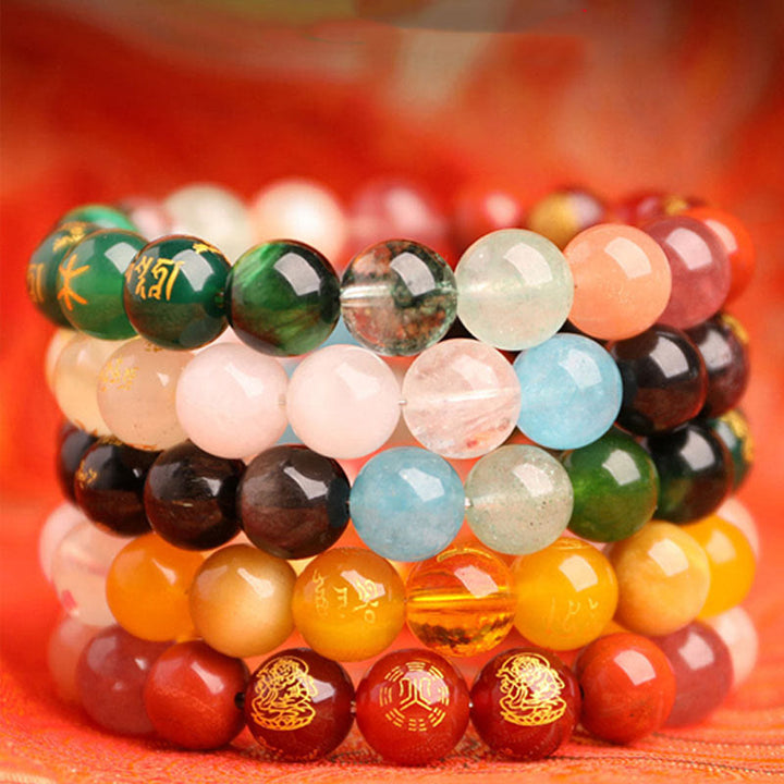 Pulsera de la suerte con Buddha Stones, cinco elementos, varios cristales de ágata, ágata roja del sur, cuarzo fresa, piedra solar, citrino