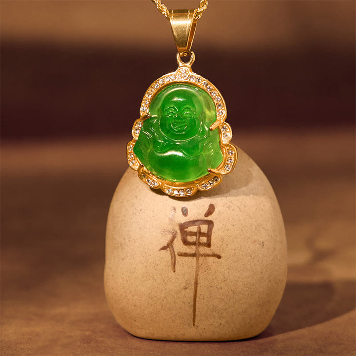 Colgante de cadena con collar de la suerte de jade de Buda sonriente relleno de oro de 18 quilates con Buddha Stones - image 5