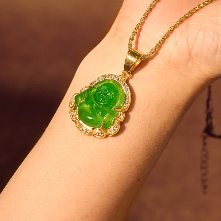 Colgante de cadena con collar de la suerte de jade de Buda sonriente relleno de oro de 18 quilates con Buddha Stones - image 6