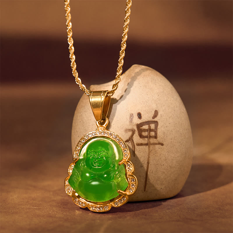 Colgante de cadena con collar de la suerte de jade de Buda sonriente relleno de oro de 18 quilates con Buddha Stones - image 4