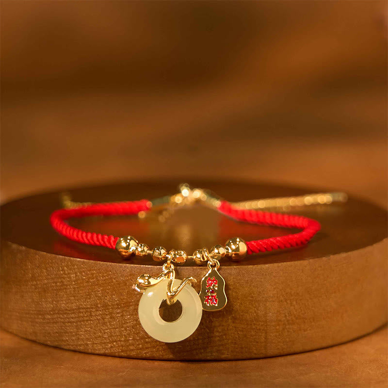 Pulsera de la suerte con hilo rojo y Buddha Stones bañada en cobre y oro con hebilla de paz de jade y personaje Fu del año de la serpiente - Hebilla de la paz con cordón rojo (circunferencia de la muñeca: 14-17 cm) - image 0