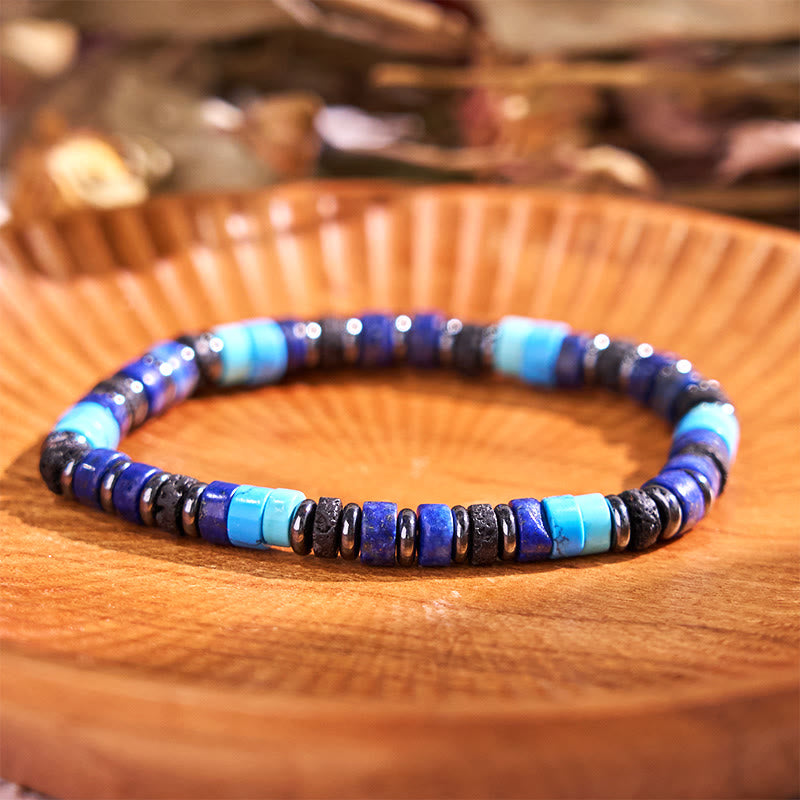 Pulsera de soporte con Buddha Stones, hematita, turquesa, lazurita, lapislázuli, roca de lava, piedra negra brillante - Lazurita turquesa y hematita de 6 mm (circunferencia de la muñeca: 14-16 cm) - image 0