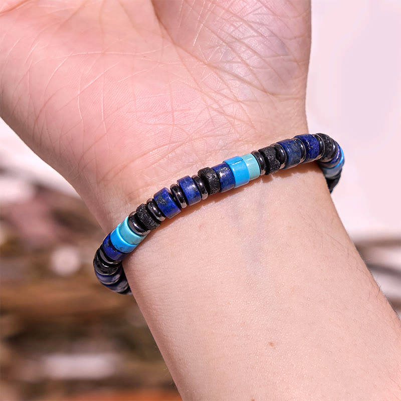 Pulsera de soporte con Buddha Stones, hematita, turquesa, lazurita, roca de lava y piedra negra brillante