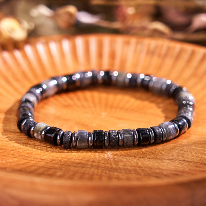 Pulsera de soporte con Buddha Stones, hematita, turquesa, lazurita, roca de lava y piedra negra brillante