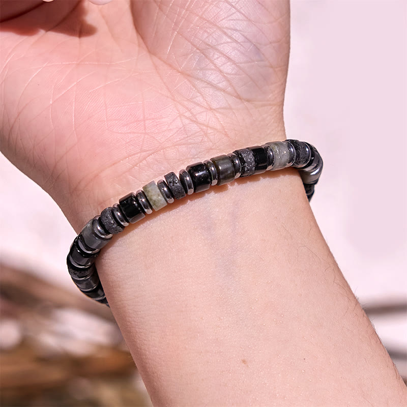Pulsera de soporte con Buddha Stones, hematita, turquesa, lazurita, roca de lava y piedra negra brillante