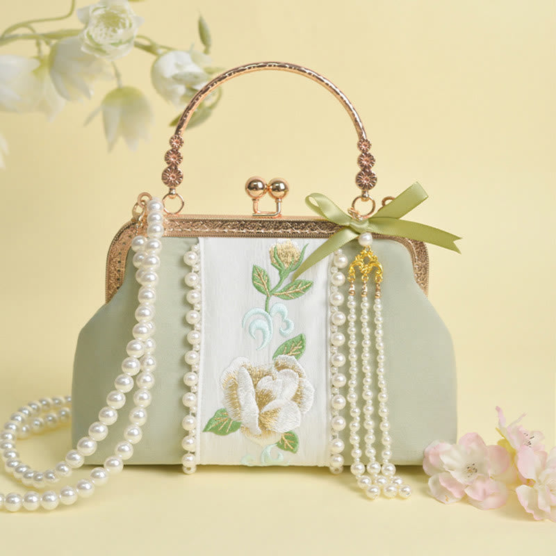 Bolso bandolera con cadena de metal y bordado de flores de doble cara con Buddha Stones y colgante de perlas