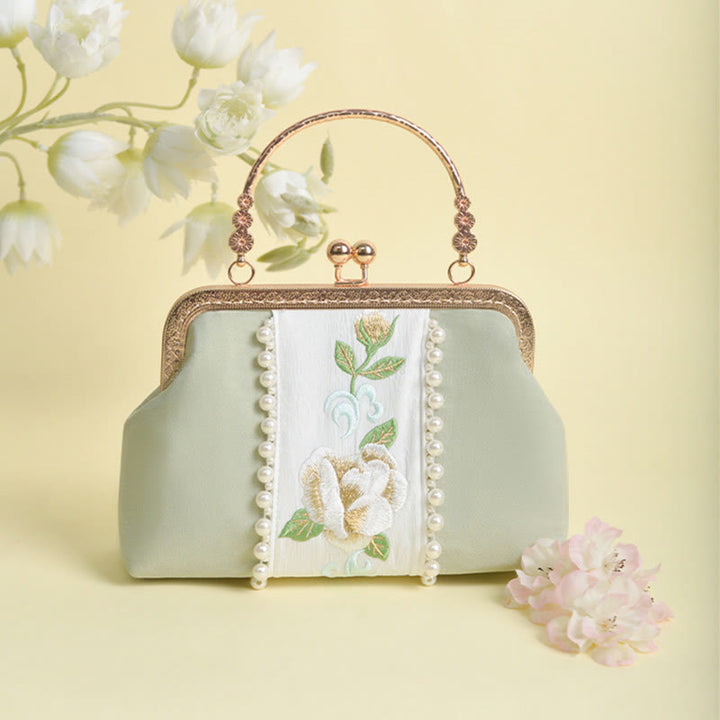 Bolso bandolera con cadena de metal y bordado de flores de doble cara con Buddha Stones y colgante de perlas