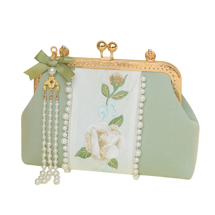 Bolso bandolera con cadena de metal y bordado de flores de doble cara con Buddha Stones y colgante de perlas