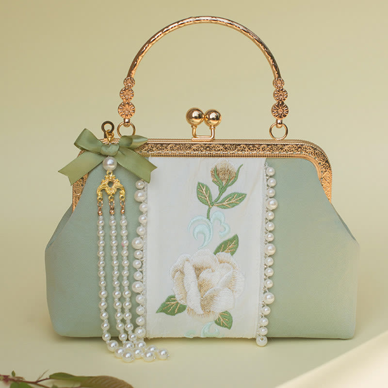 Bolso bandolera con cadena de metal y bordado de flores de doble cara con Buddha Stones y colgante de perlas