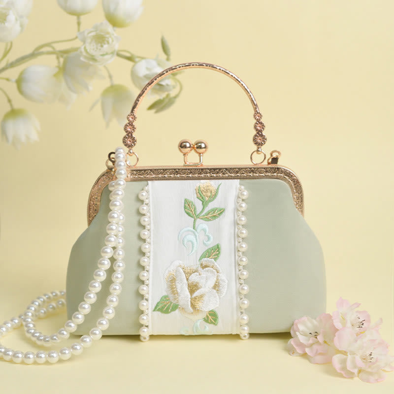 Bolso bandolera con cadena de metal y bordado de flores de doble cara con Buddha Stones y colgante de perlas
