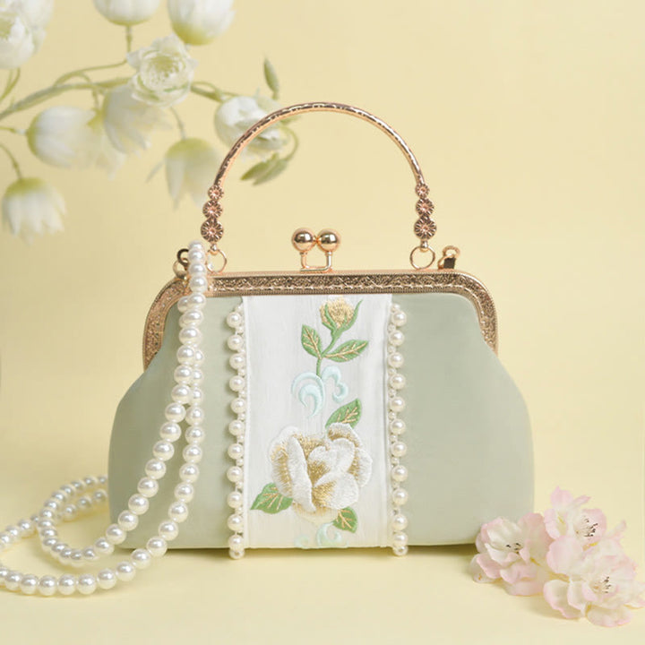 Bolso bandolera con cadena de metal y bordado de flores de doble cara con Buddha Stones y colgante de perlas