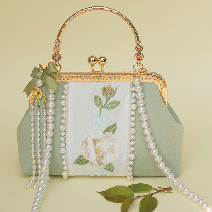 Bolso bandolera con cadena de metal y bordado de flores de doble cara con Buddha Stones y colgante de perlas