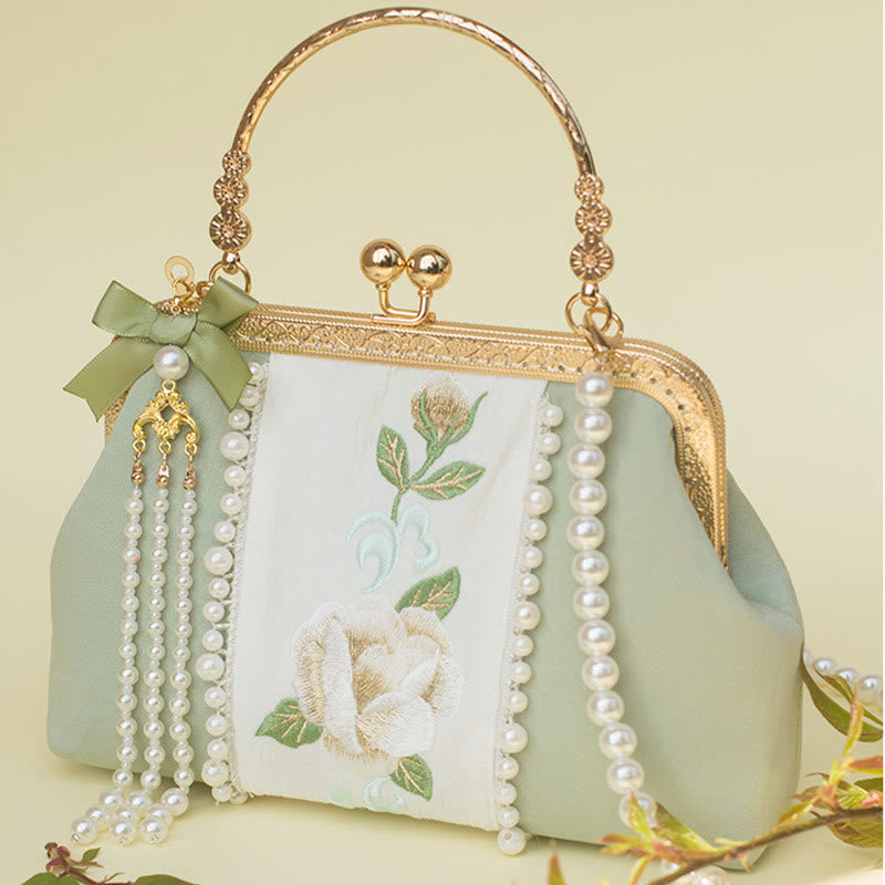 Bolso bandolera con cadena de metal y bordado de flores de doble cara con Buddha Stones y colgante de perlas