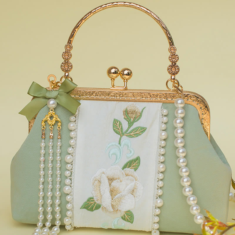 Bolso bandolera con cadena de metal y bordado de flores de doble cara con Buddha Stones y colgante de perlas