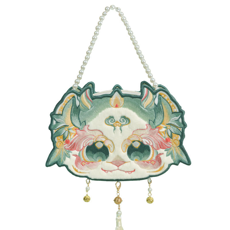 Bolso bandolera con borlas y cadena de perlas bordadas Bai Ze con bestia mítica de doble cara y Buddha Stones