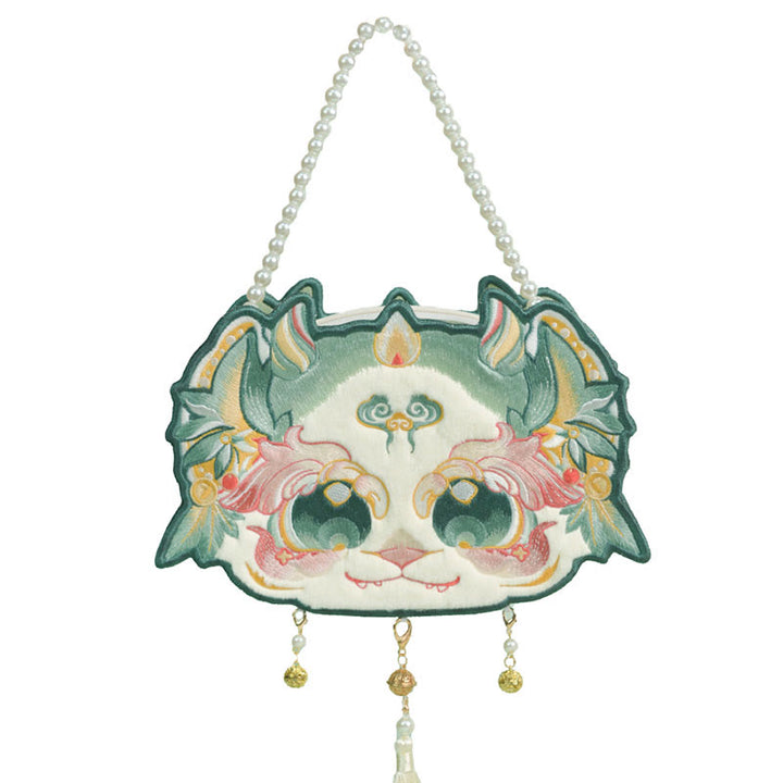 Bolso bandolera con borlas y cadena de perlas bordadas Bai Ze con bestia mítica de doble cara y Buddha Stones