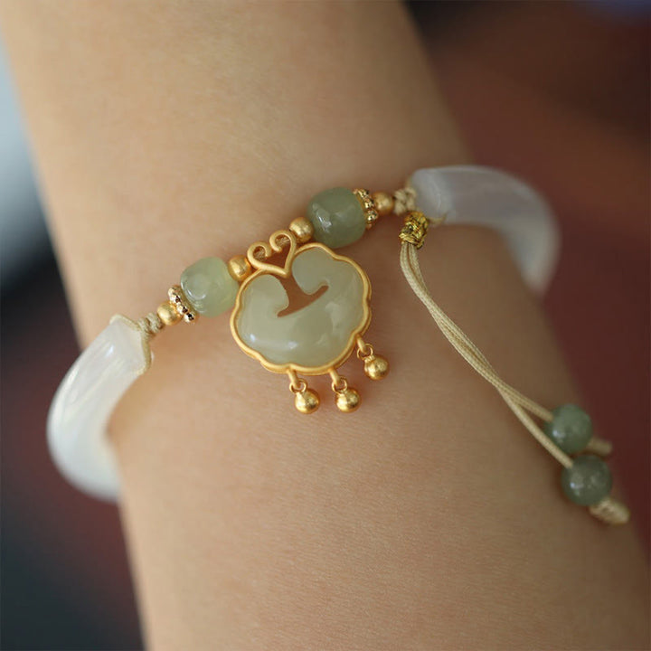 Brazalete de plata de ley 925 con Buddha Stones , calcedonia, jade hetiano, nube auspiciosa, candado Ruyi, armonía, medio brazalete