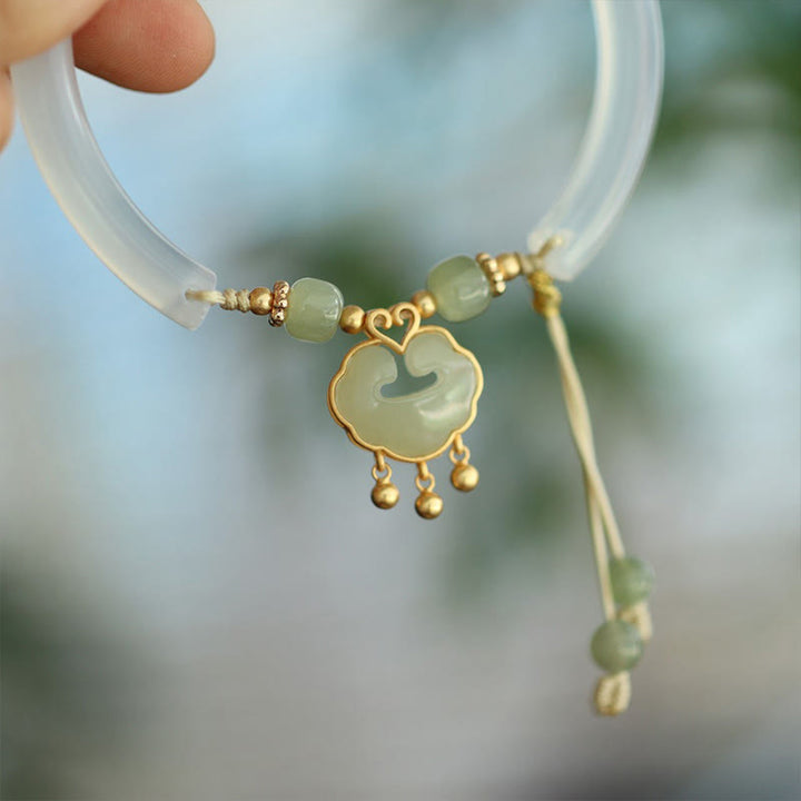 Brazalete de plata de ley 925 con Buddha Stones , calcedonia, jade hetiano, nube auspiciosa, candado Ruyi, armonía, medio brazalete